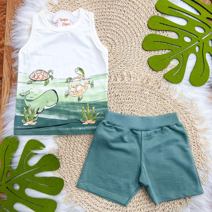  Conj. Regata Fundo do Mar e Bermuda em Moletinho - Off White e Verde
